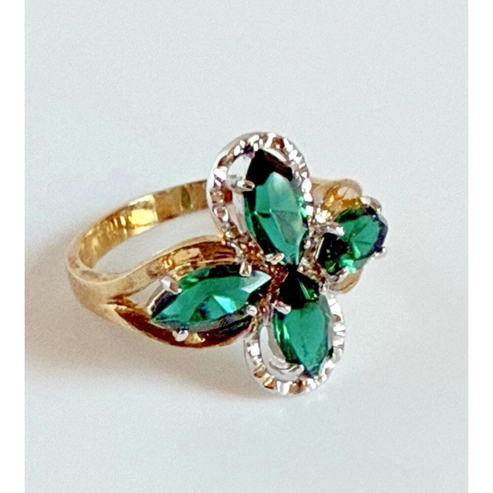 New 14k HGE Simulated Emerald Ring Gold & Silver, Clover Design, Size 6.75 NOS
